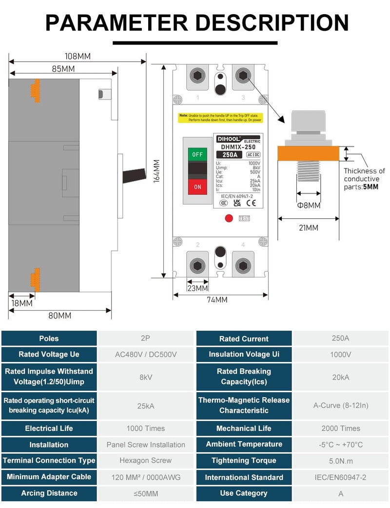 DIHOOL Battery DC Disconnect Switch, 250 Amp DC Breaker for Main Power Station Solar System, UPS - Image 3